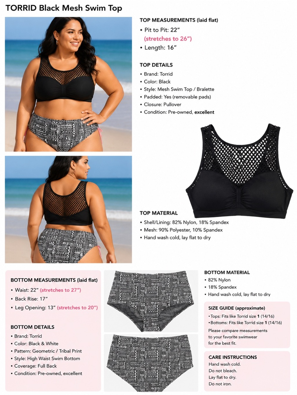 torrid Black Mesh Swim Top and Black/White Geometric Bikini Bottoms 14/16/18 1X